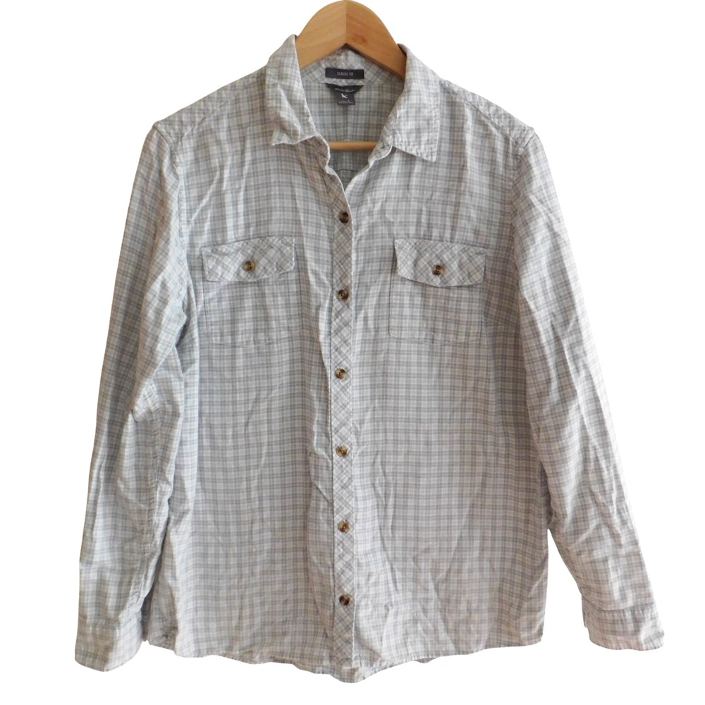 Eddie Bauer Flannel Shirt Womens Large Gray whit Plaid Classic Fit Cotton Casual
